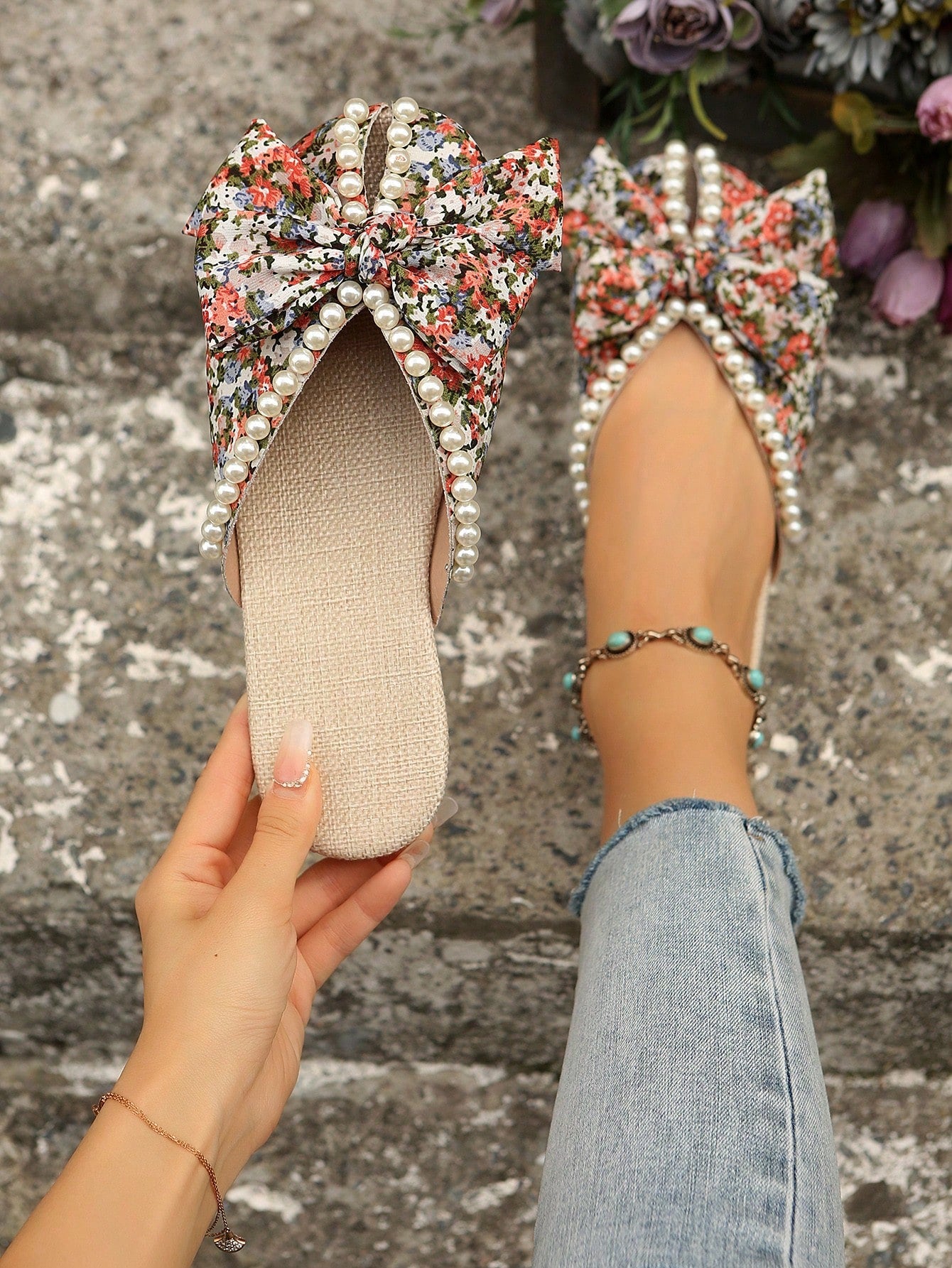 Women'S Student Back-To-School Season Full-Print Faux Pearl Design Bow Flat Sandals Outdoor Fashion Wedding Work School Dormitory Vacation Travel Beach Can Be Worn
