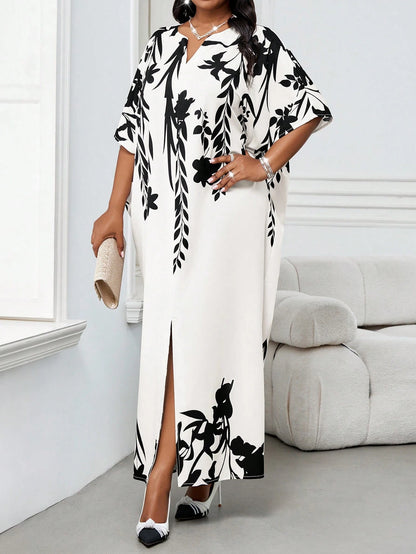 Elegant Plus Size Black and White Woven Flounce Collar Ball Gown with Belted Long Sleeves for Autumn and Winter Work Office, Vacation, and Summer Outfits