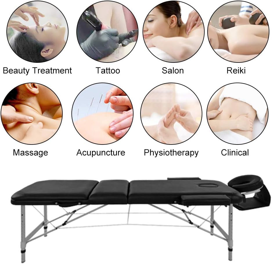 Premium Black Portable 3-Section Massage Table Bed with Aluminum Frame and Premium PU Leather - Perfect for Tattoo, Spa, and Reiki Therapy