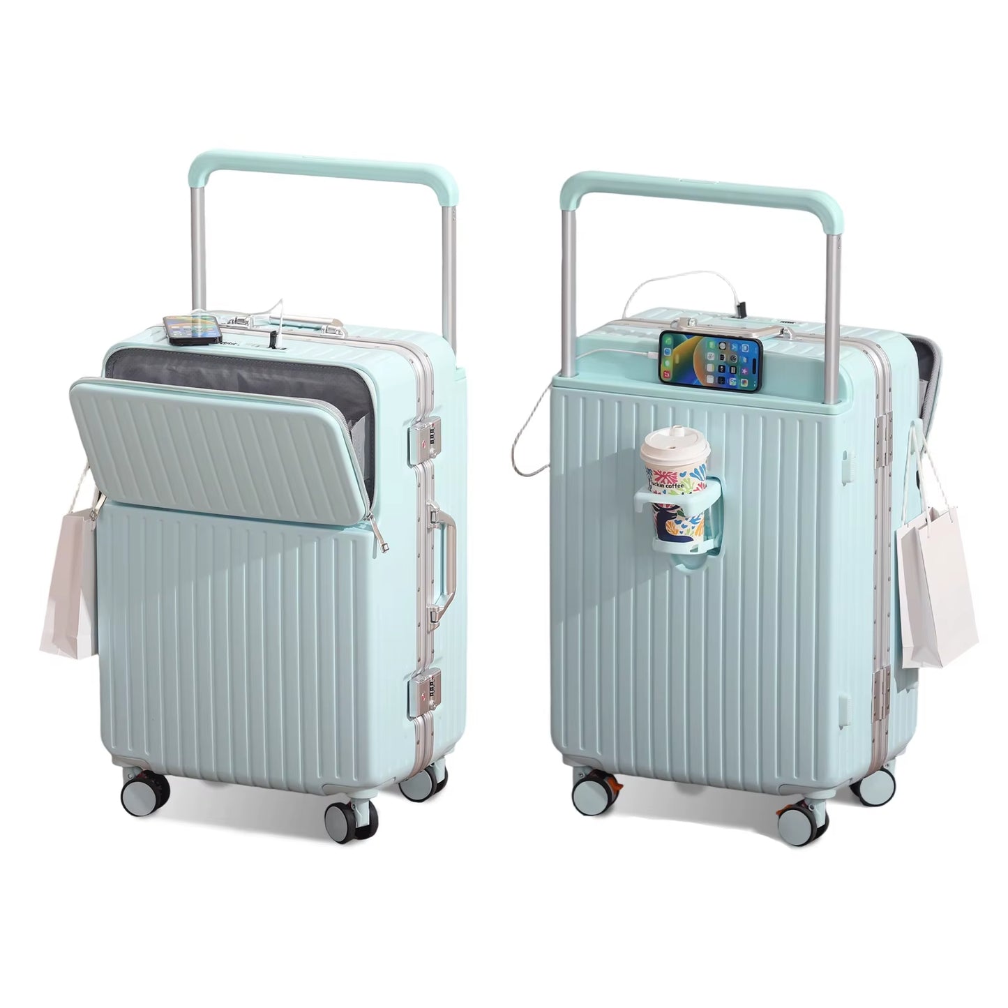 Luggage Aluminum Frame Hard Shell Trolley Case, TSA Lock, with Cup Holder and Phone Holder, USB, 20“-26”
