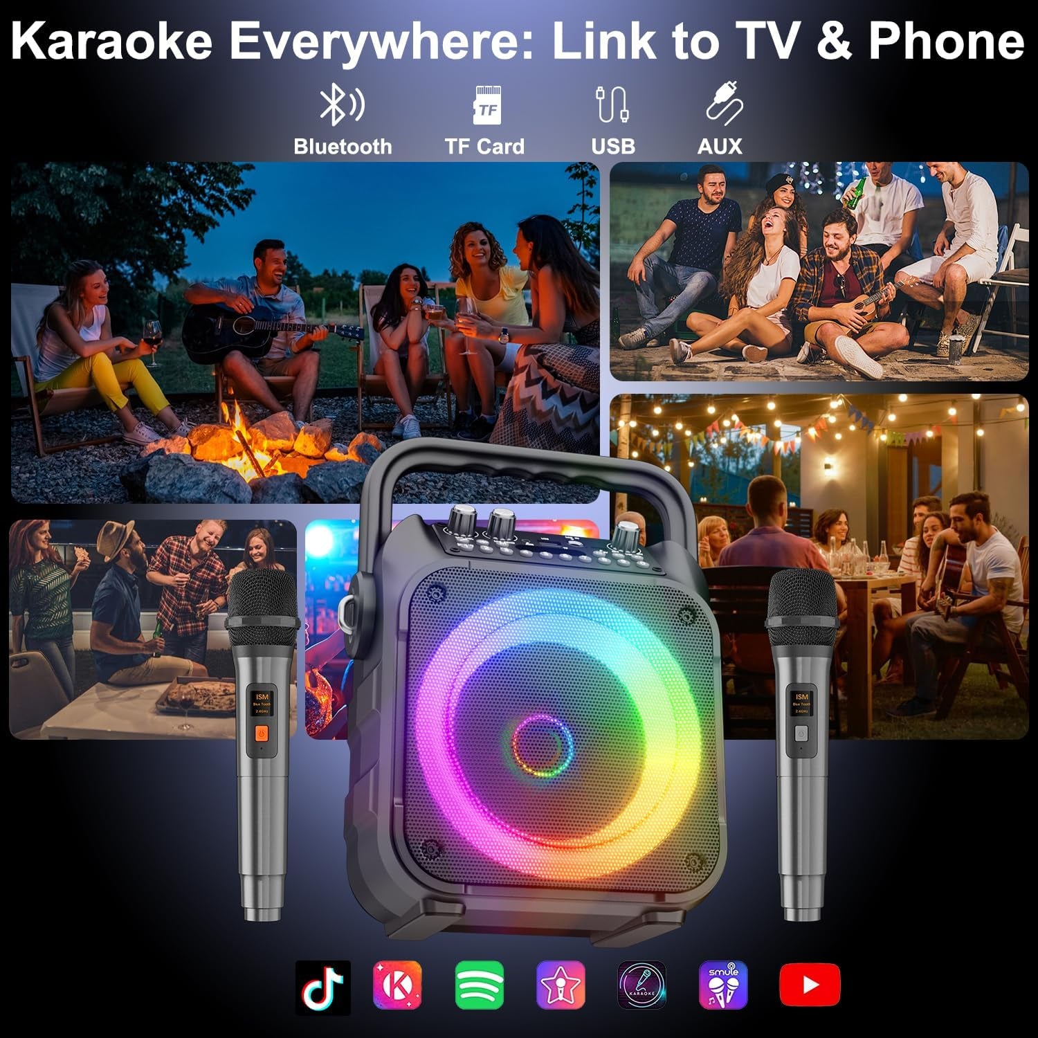 [Newest] Karaoke Machine with 2 Wireless Microphones: Karaoke Speaker Microphones for Adults Kids - Portable Bluetooth Speaker for TV Phone Tablet - Karaoke Gift for Party Home Outdoor Live Mixers