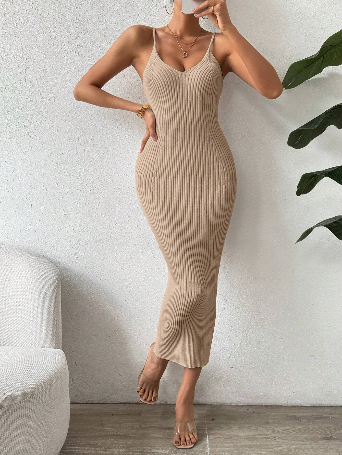Raffinée Women's Elegant Solid Color Slim Fit Sleeveless Knit Sweater Dress