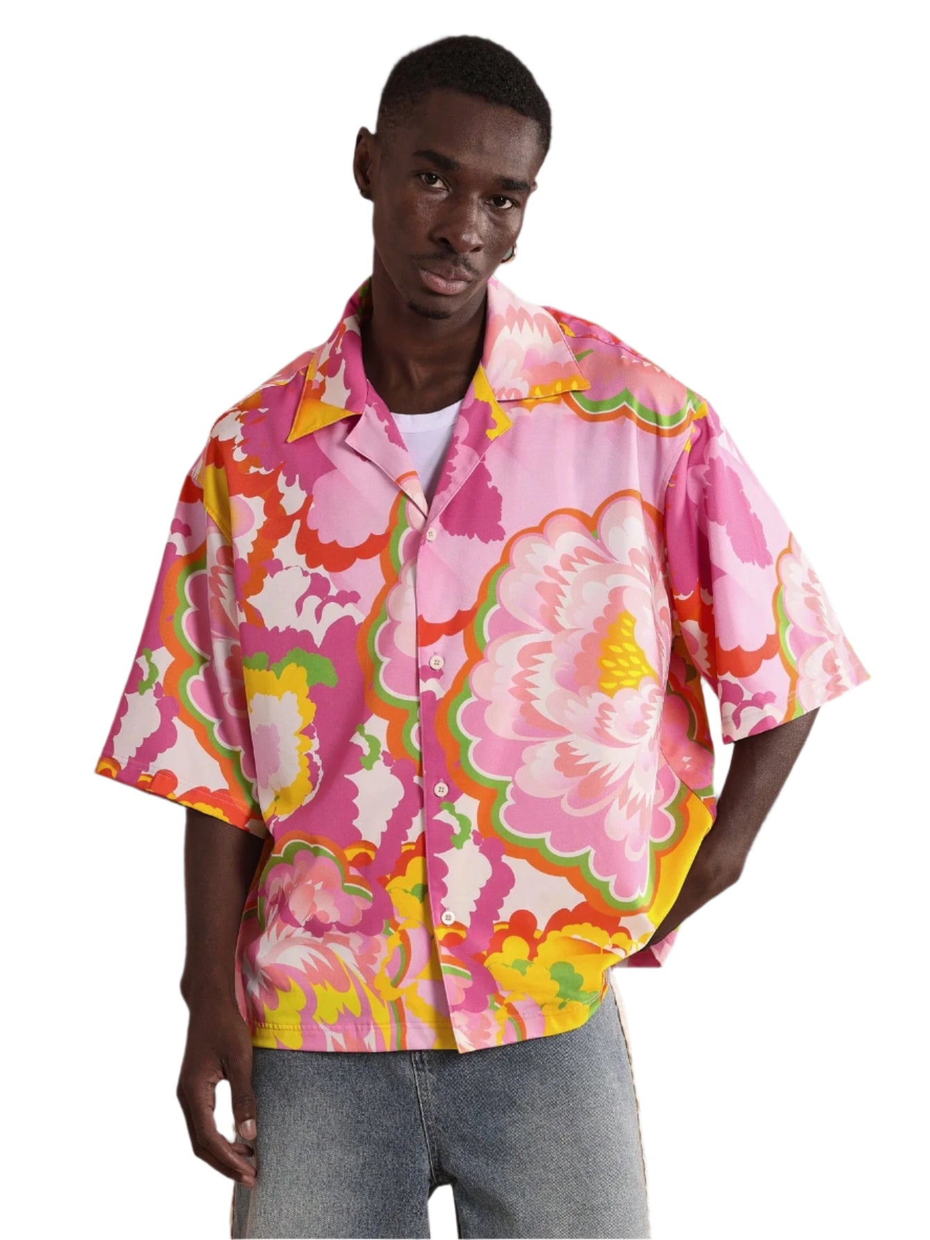 SUMWON Retro Floral Resort Shirt Boxy Fit Hawaiian Style Button down Summer Beach Vacation Camp Shirt Festival Short Sleeve Relaxed Holiday Party Casual