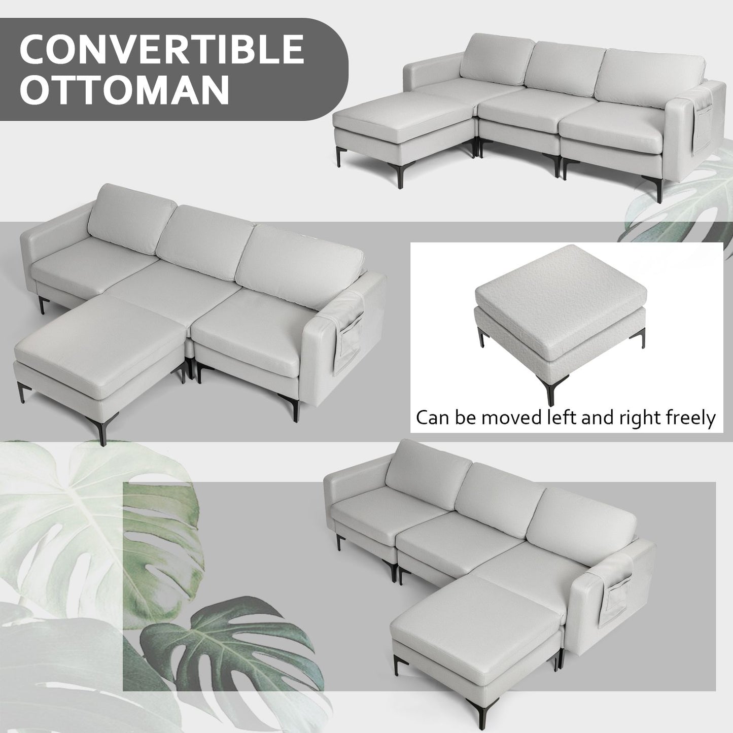 Modular L-Shaped Sofa with Reversible Ottoman and Integrated Power Outlet