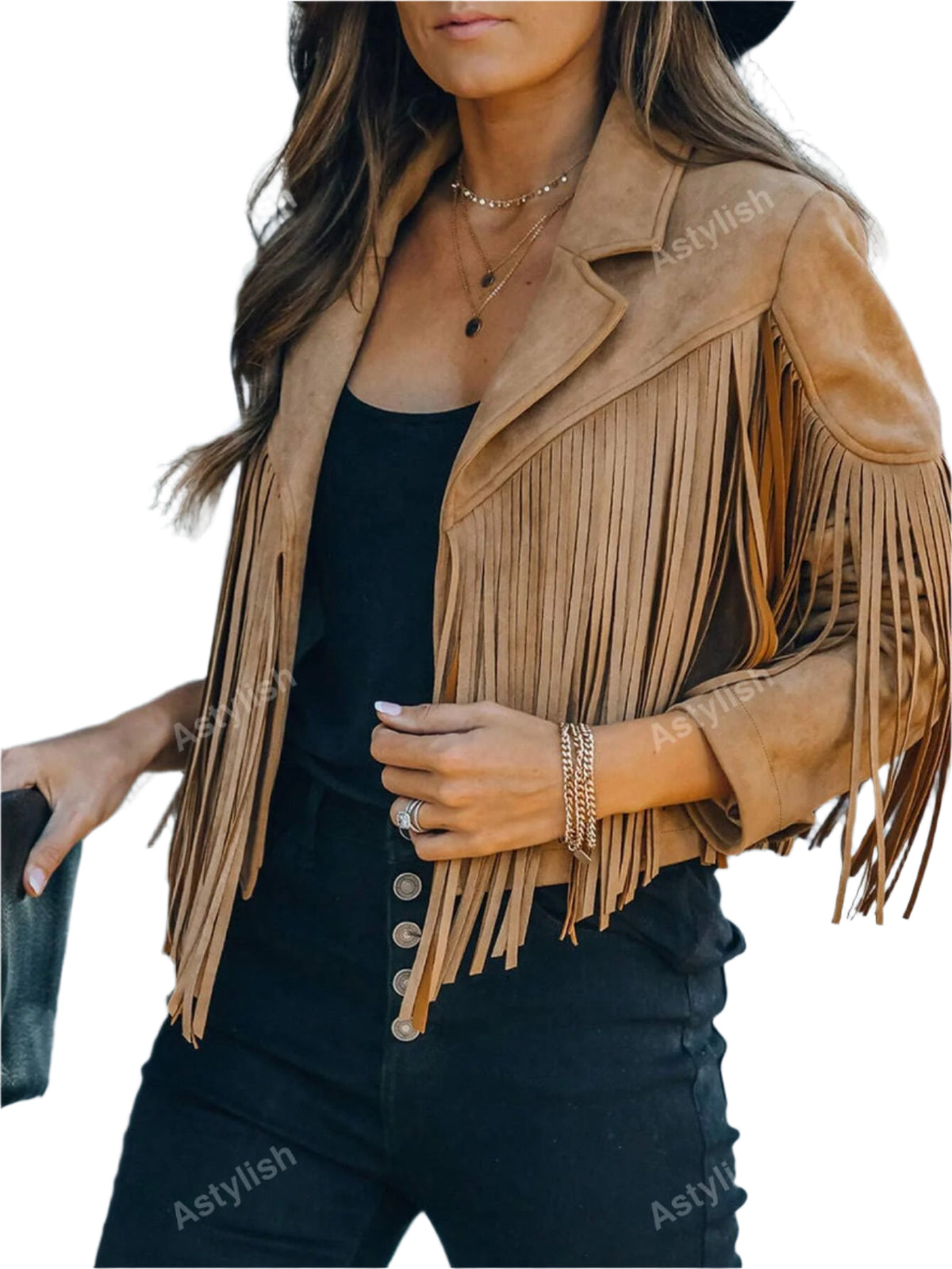 Astylish Women Western Wear Long Sleeve Fringe Open Front Faux Suede Moto Jacket Festival Outfit