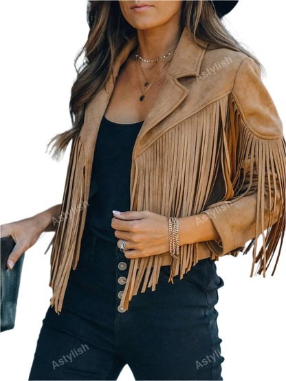 Astylish Women Western Wear Long Sleeve Fringe Open Front Faux Suede Moto Jacket Festival Outfit