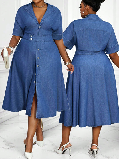 Lady plus Size Women'S Summer Lapel Neck Single-Breasted Short Sleeve Casual Denim Dress Wedding Guest Dress Women Fashionable for Summer Summer Dresses for Women Summer Dress Vacation Outfits Birthday Dresses for Women Business Casual Woman plus Size Jean Dress Denim plus Size Dress Jean Dress plus Size Denim Dress plus Size Curve Denim Dress