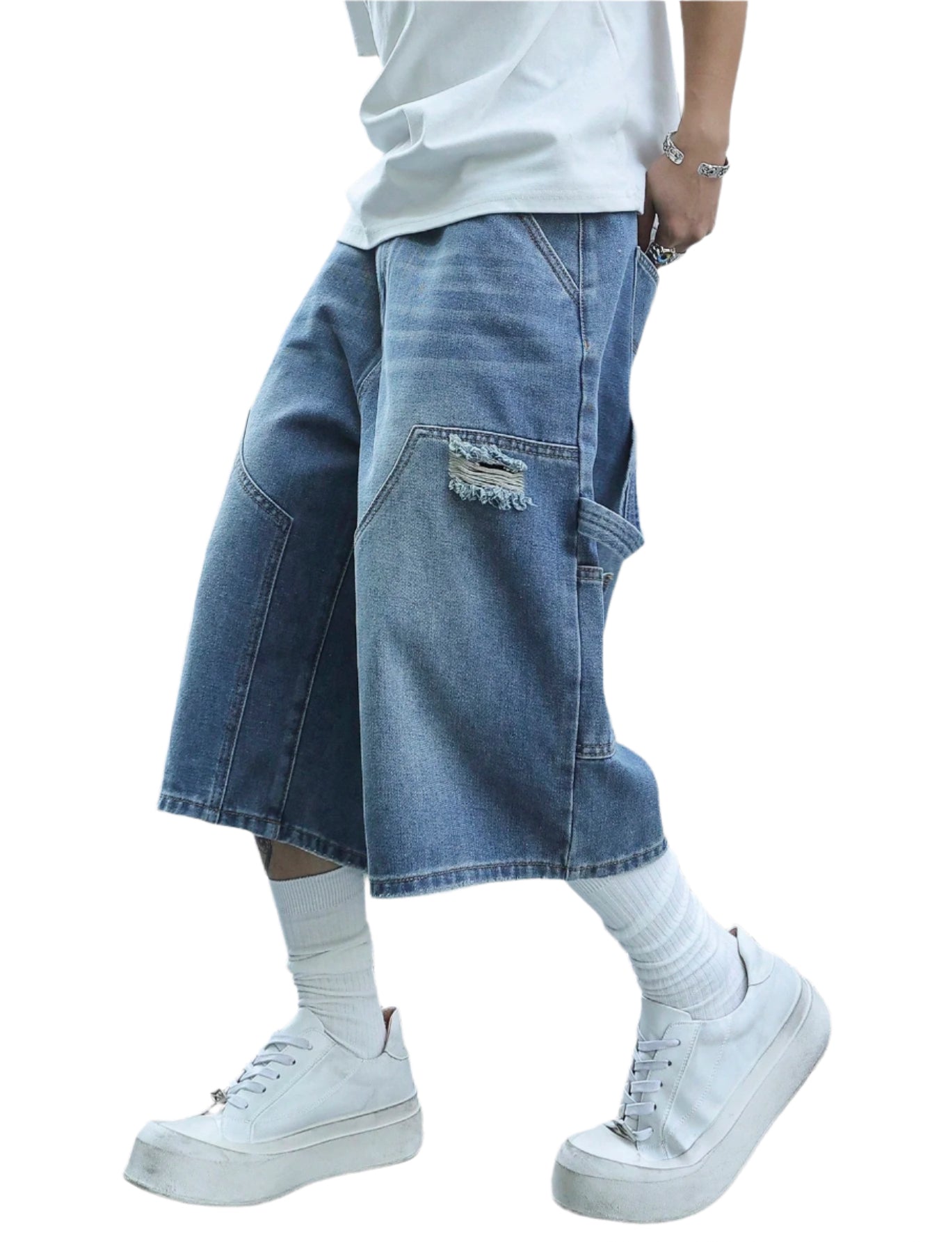 Manfinity EMRG Men'S Mid-Blue Washed Denim Cargo Shorts, Patchwork Street Style Loose Fit Jorts