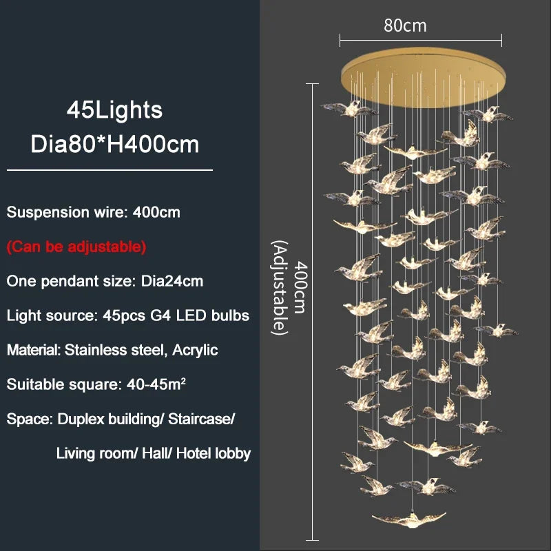 Luxury Led Chandelier for Staircase Modern Home Decor Hanging Lamp Creative Bird Design Lighting Acrylic Living Room Lustre