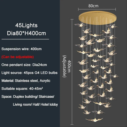Luxury Led Chandelier for Staircase Modern Home Decor Hanging Lamp Creative Bird Design Lighting Acrylic Living Room Lustre