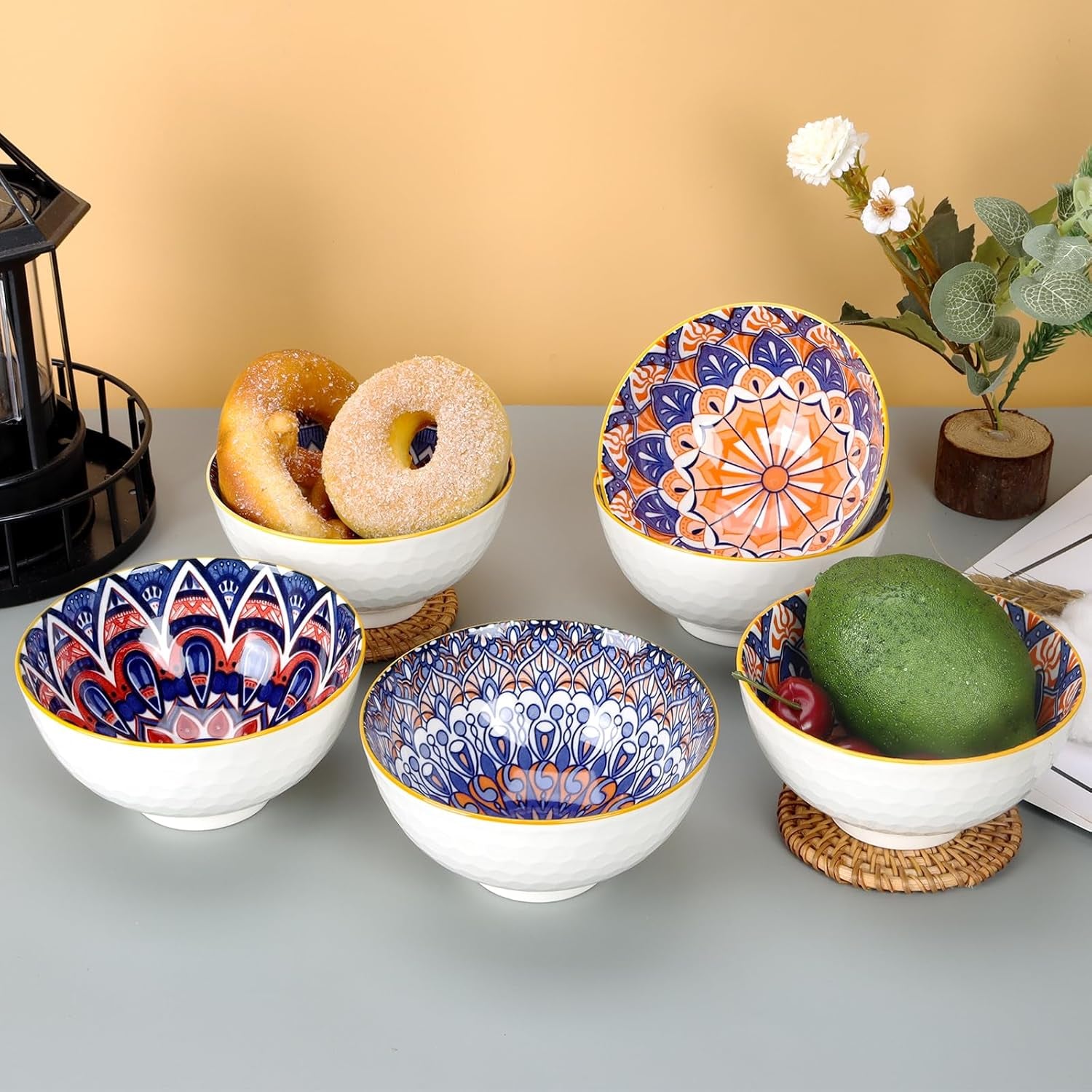 Ceramic Tapas Bowls Set of 6 - Bohemian Style Tapas Dishes, 10Oz/300Ml Salad Bowl, Decorative Serving Bowls for Dip, Cereal, Soup, Rice, Desserts & Snacks, Dishwasher & Microwave Safe