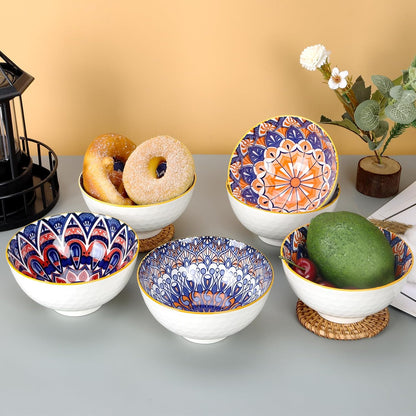 Ceramic Tapas Bowls Set of 6 - Bohemian Style Tapas Dishes, 10Oz/300Ml Salad Bowl, Decorative Serving Bowls for Dip, Cereal, Soup, Rice, Desserts & Snacks, Dishwasher & Microwave Safe