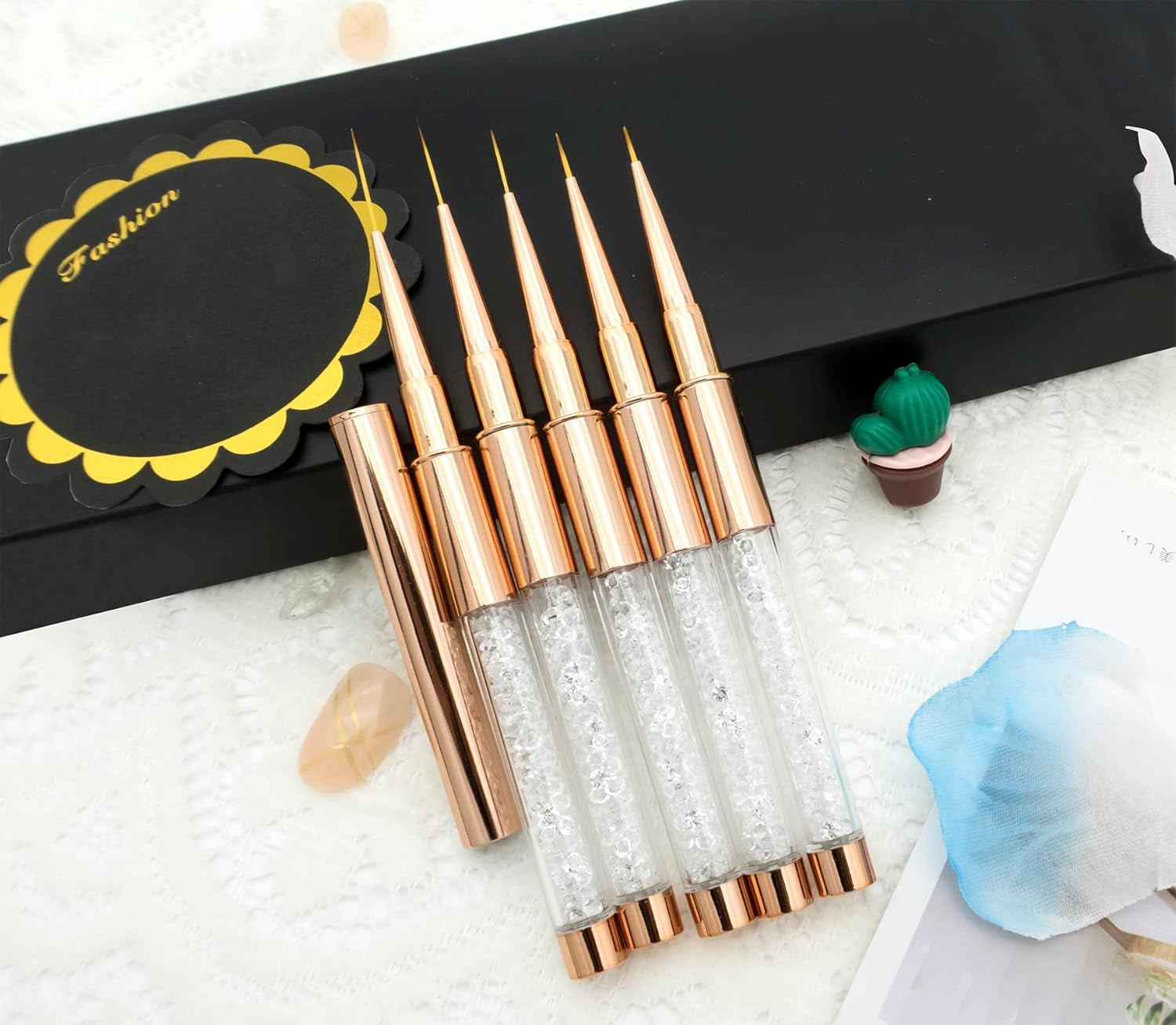 5PCS Nail Art Liner Brushes Long Set with Lid and Diamand Handle 7/9/11/15/20Mm,  Fine Detail Painting Cap Pens Kit Thin Acrylic Line Brush Tools for DIY Professional Design Rose Gold