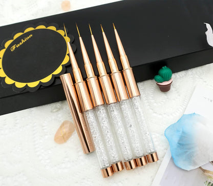 5PCS Nail Art Liner Brushes Long Set with Lid and Diamand Handle 7/9/11/15/20Mm,  Fine Detail Painting Cap Pens Kit Thin Acrylic Line Brush Tools for DIY Professional Design Rose Gold