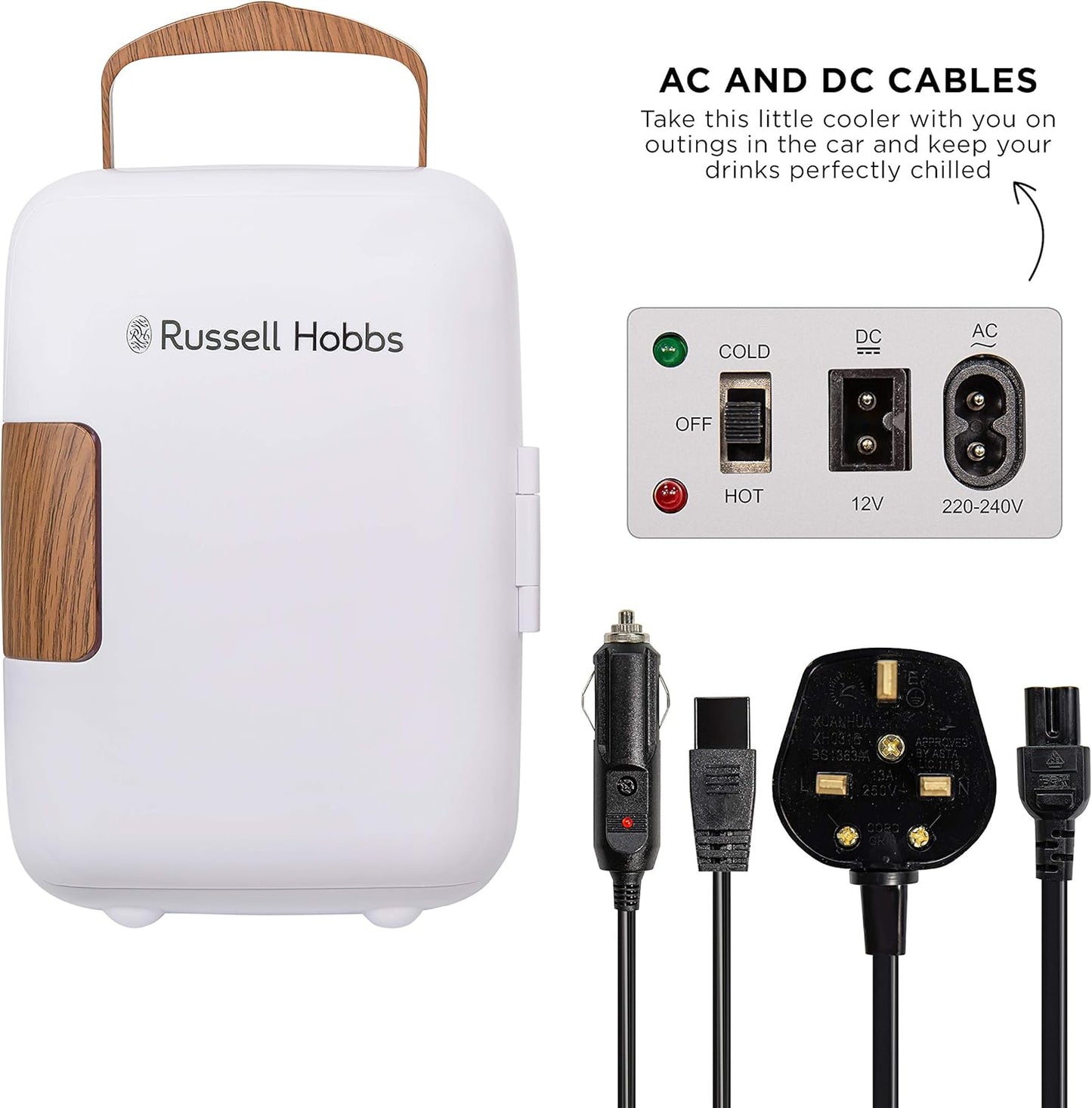 RH4CLR1001SCW 4L/6 Can Mini Portable Cooler & Warmer for Drinks, Cosmetics/Makeup/Skincare, AC/DC Power, Scandi Style, White & Wood Effect, for Bedroom, Home, Caravan, Car