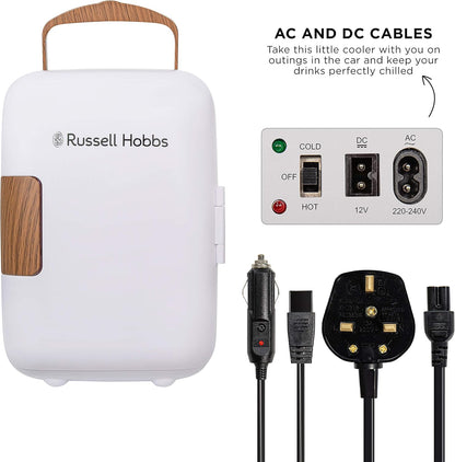 RH4CLR1001SCW 4L/6 Can Mini Portable Cooler & Warmer for Drinks, Cosmetics/Makeup/Skincare, AC/DC Power, Scandi Style, White & Wood Effect, for Bedroom, Home, Caravan, Car