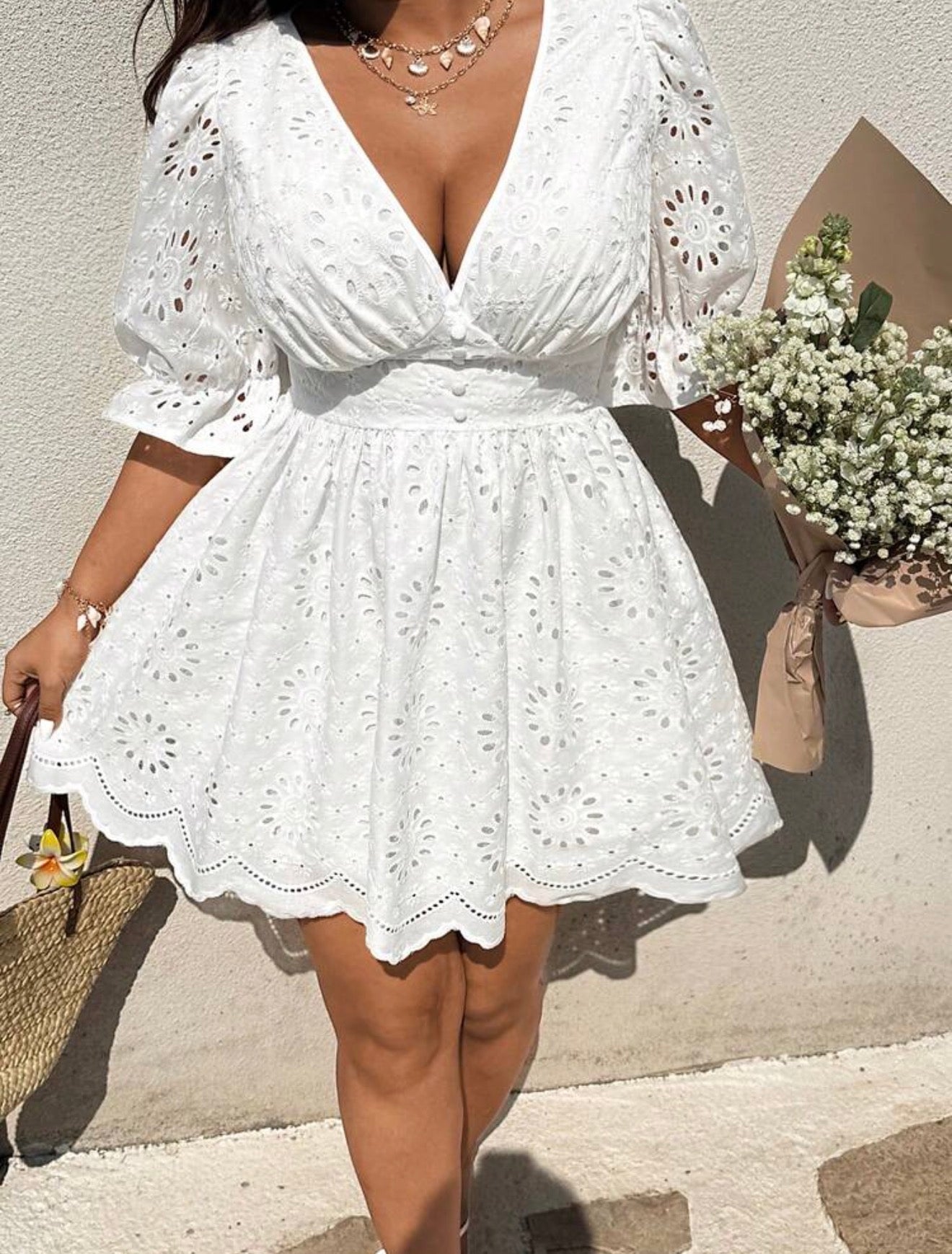 Sunnyshic Plus Size V-Neck Embroidered Puff Sleeve Dress