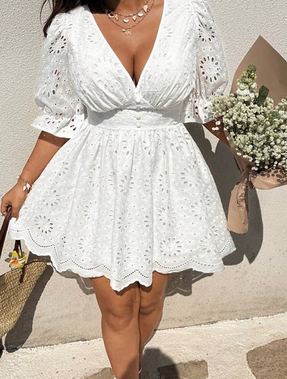 Sunnyshic Plus Size V-Neck Embroidered Puff Sleeve Dress