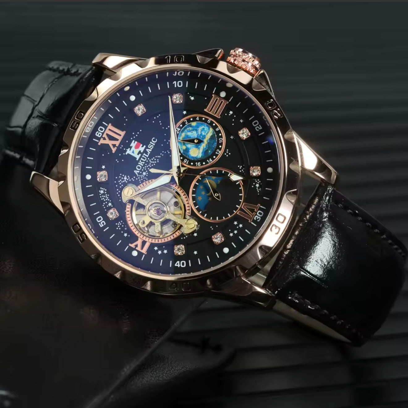 AOKULASIC Skeleton Automatic Men’s Watch with Moon Phase Dial