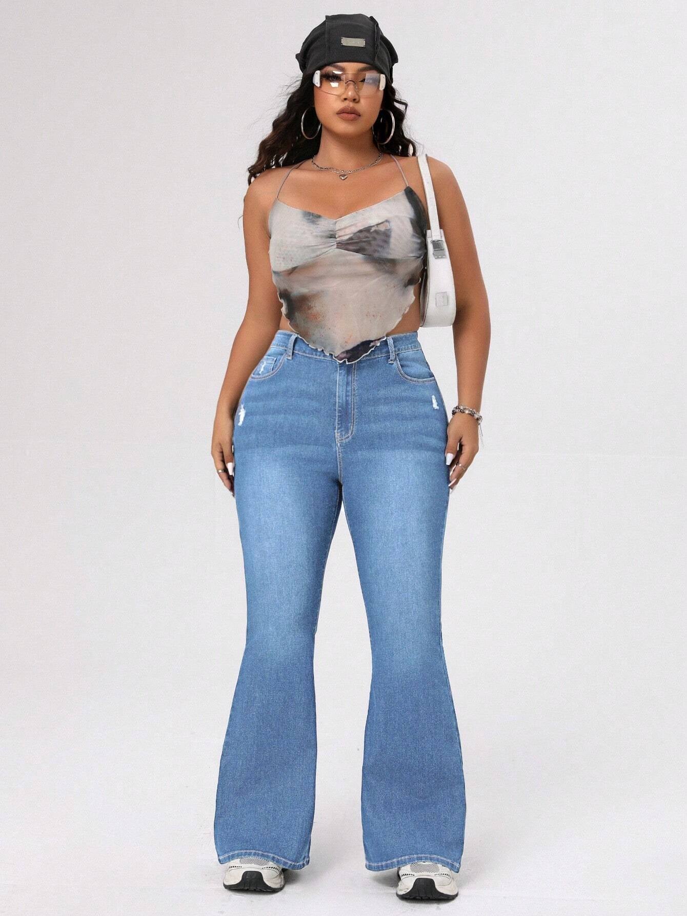 ICON Plus Size Women's Distressed Flared Jeans
