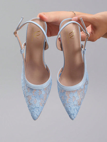 Women'S Lace Patchwork Pointed Toe High Heel Sandals, Hollow Out Breathable Sexy Fashion Party Stilettos