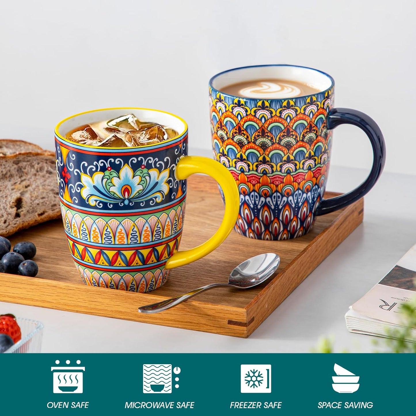 SIMI Mugs Set, 16Oz/480Ml Porcelain Coffee Mug Set of 6, Bohemian Style Tea and Coffee Cups with Handle, Microwave & Dishwasher Safe, Suitable for All Kinds of Drinks