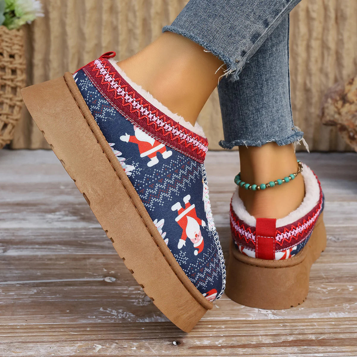 Women'S Cartoon Christmas Print Ankle Boots Casual Slip on Plush Lined Home Shoes Comfortable Winter Short Boots