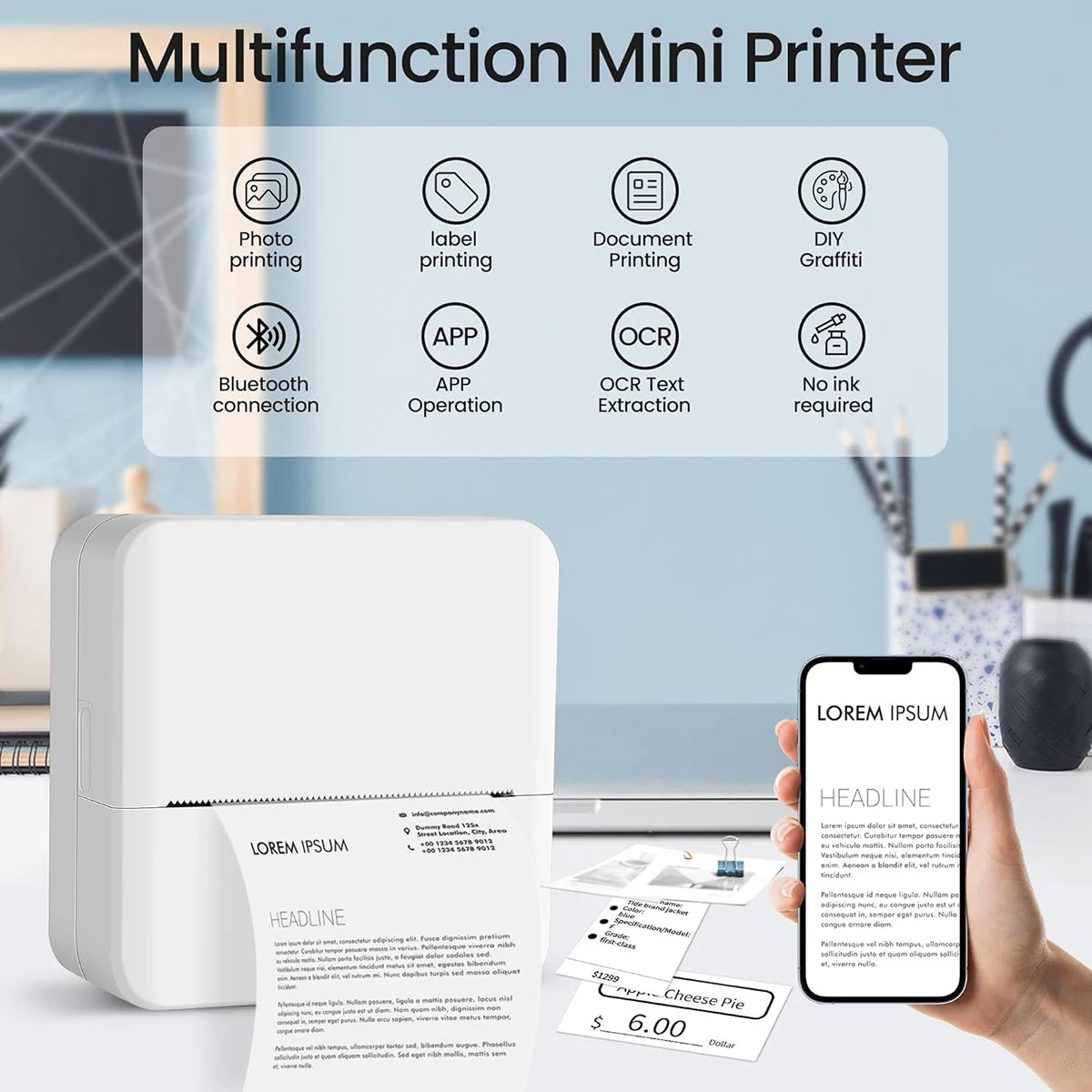 Compact Inkless Sticker Printer - Portable Thermal Printer for Photos, Journals, and Memos