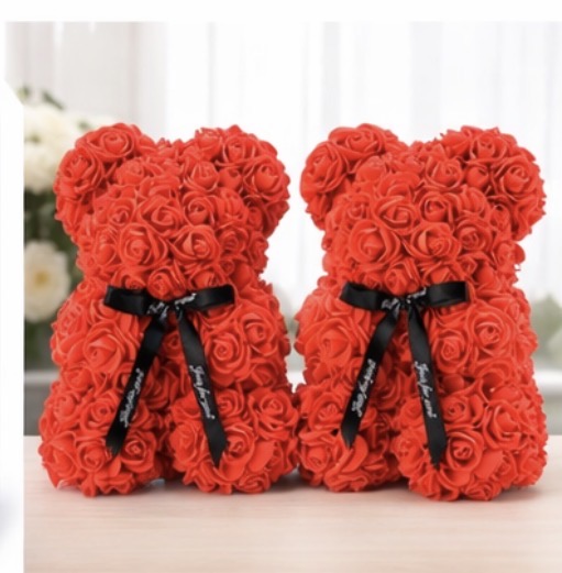 25cm Rose Bear with Transparent Gift Box & Black Ribbon, Rose Petals Teddy Bear Presents for Women, Artificial Flowers Rose Bear Valentines Gifts for Her, for Girlfriend (Red)