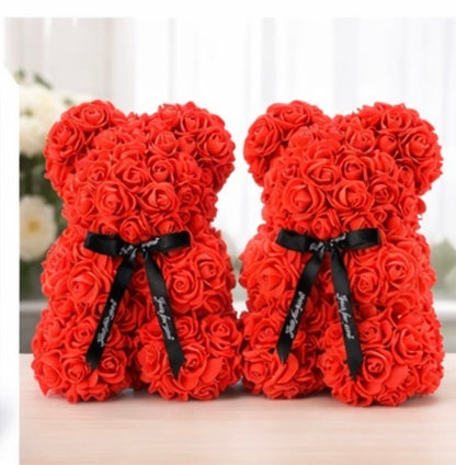 25cm Rose Bear with Transparent Gift Box & Black Ribbon, Rose Petals Teddy Bear Presents for Women, Artificial Flowers Rose Bear Valentines Gifts for Her, for Girlfriend (Red)