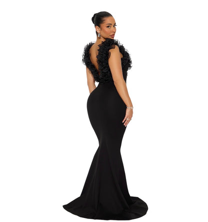 Like To Show Ruffle Maxi Gown Black