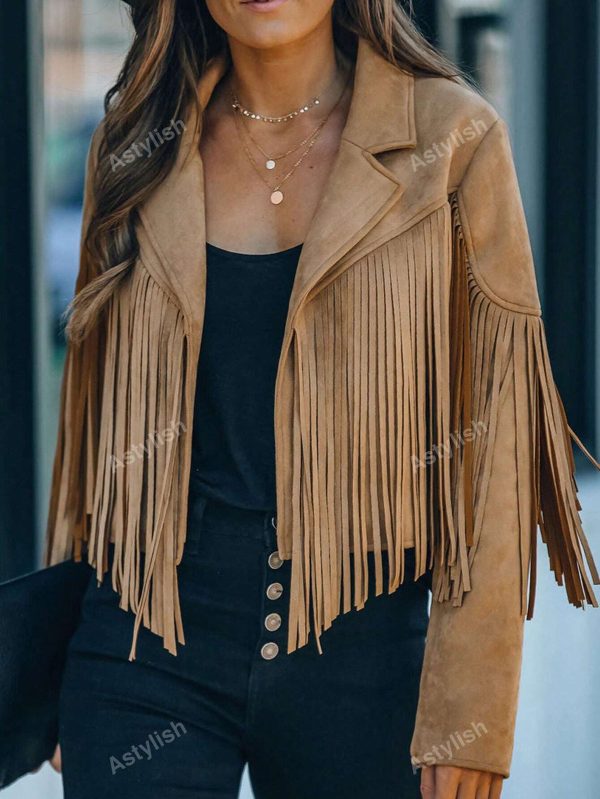 Astylish Women Western Wear Long Sleeve Fringe Open Front Faux Suede Moto Jacket Festival Outfit
