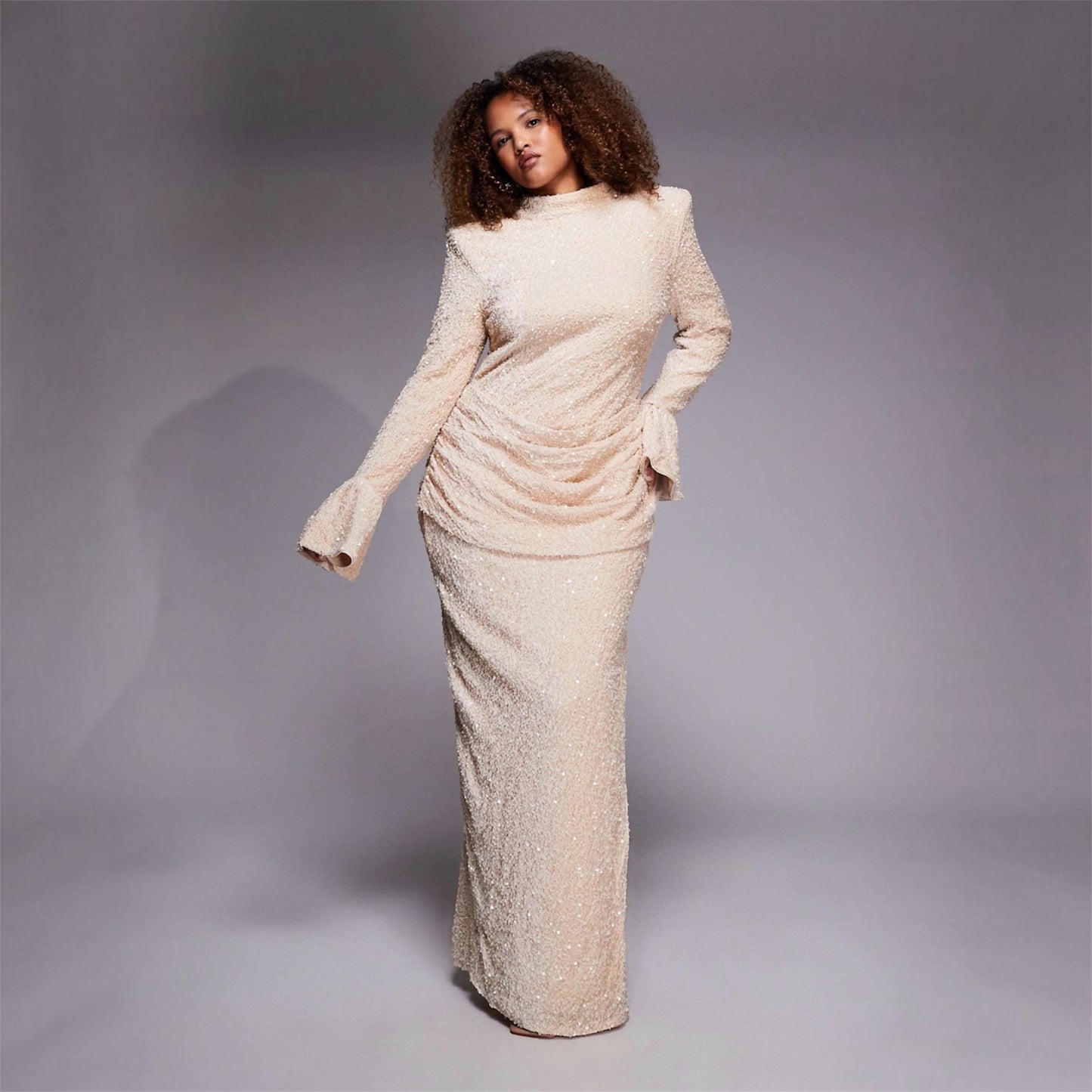 LUXE Curve Velvet Sequin Maxi Dress with Drape Waist in Cream