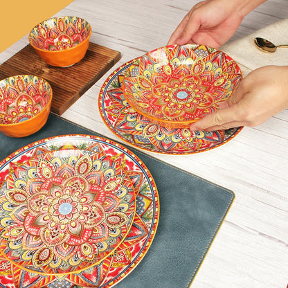 Buffet Dinnerware Porcelain Dinnerware Set, Service for 4 (12 Pcs) Easy to Clean Plate & Bowl Set Apply Casual Dining Indoor Outdoor Dining Party Bohemian Style, Red 26+20.5+12.1 CM
