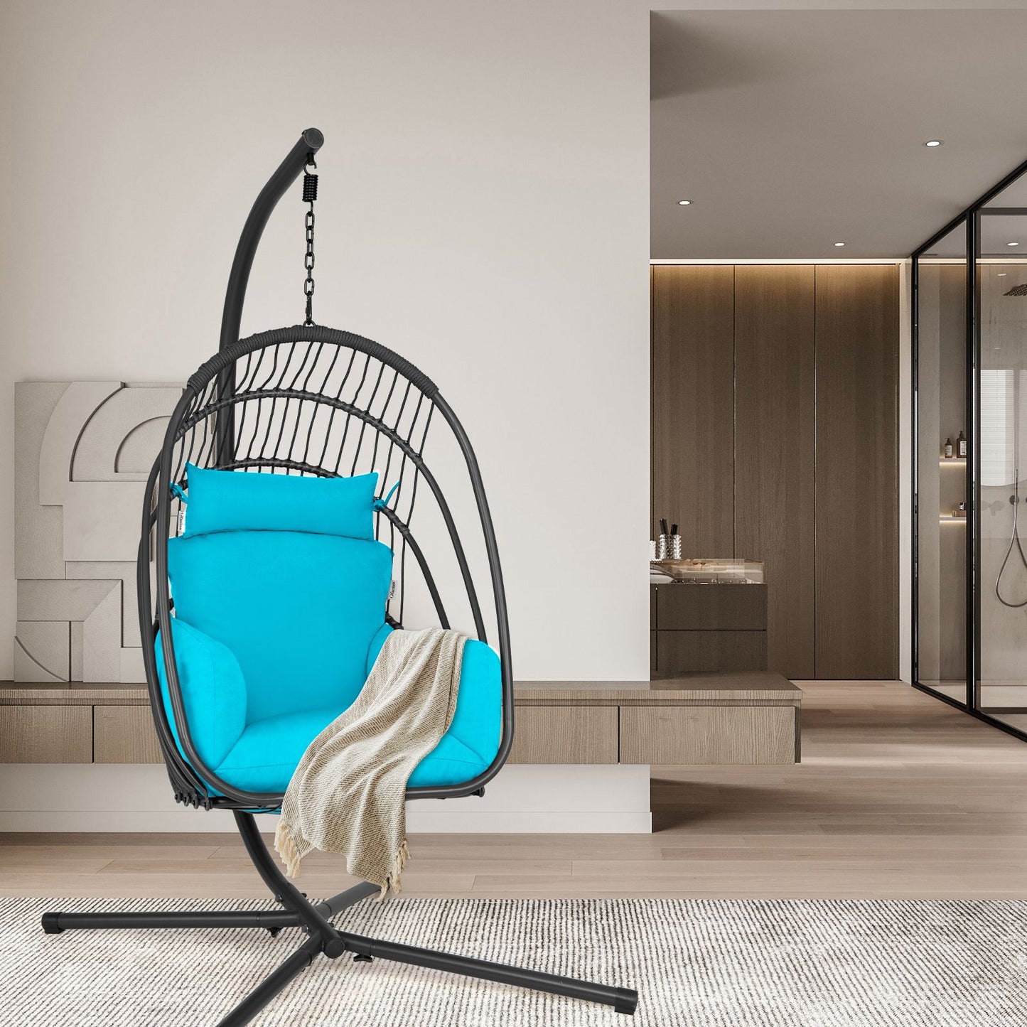 Deluxe Grey and Turquoise Swing Egg Chair with Stand - Comforting Cushions, Pillow, and Foldable Design for Indoor and Outdoor Relaxation