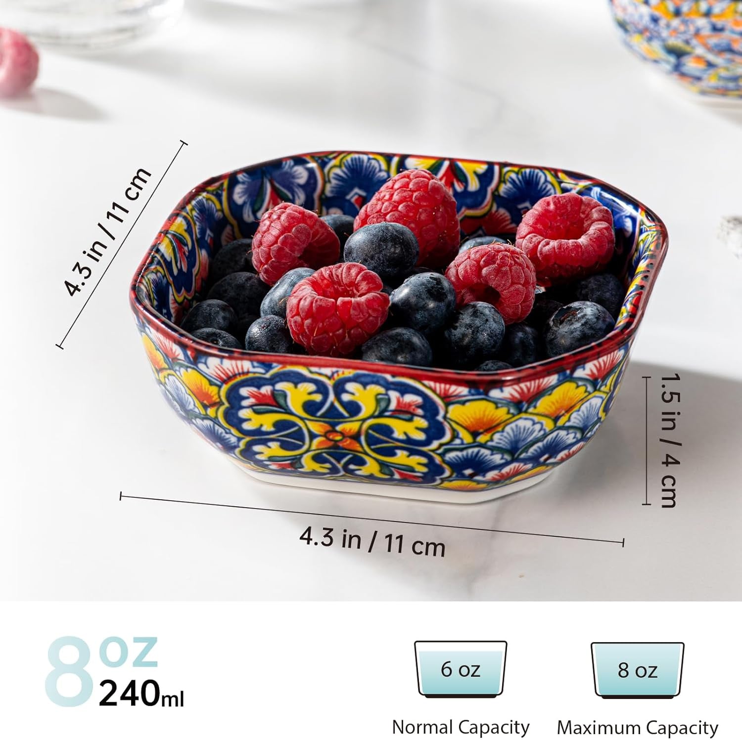 Square Snack Bowls Porcelain, 8Oz Dipping Bowls, Small Appetiser Plates for Sauce, Spices, Fruits, Snack & Dessert. Colourful, Pack of 6 - Bohemian Style