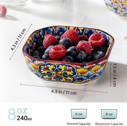 Square Snack Bowls Porcelain, 8Oz Dipping Bowls, Small Appetiser Plates for Sauce, Spices, Fruits, Snack & Dessert. Colourful, Pack of 6 - Bohemian Style