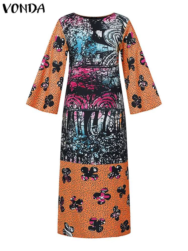 Women Long Maxi Dress Bohemian Printed Vestidos 2024 Vintage Crew Neck Flare Sleeve Party Vestidos Casual Loose Sundress