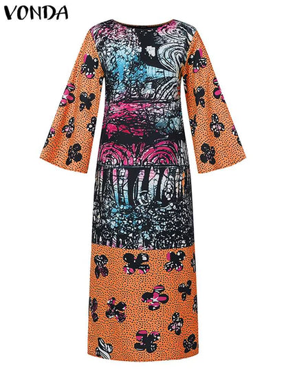 Women Long Maxi Dress Bohemian Printed Vestidos 2024 Vintage Crew Neck Flare Sleeve Party Vestidos Casual Loose Sundress
