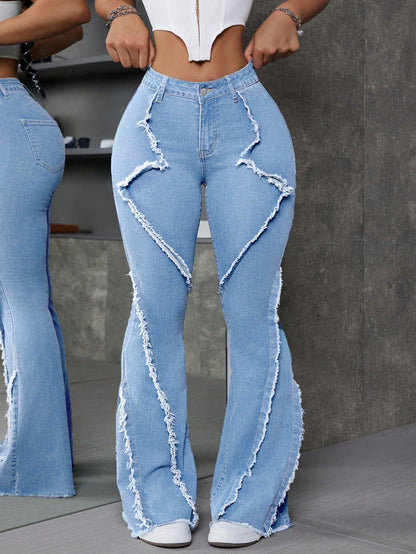 ICON Patchwork Frayed Trim Slim Fit Flared Jeans