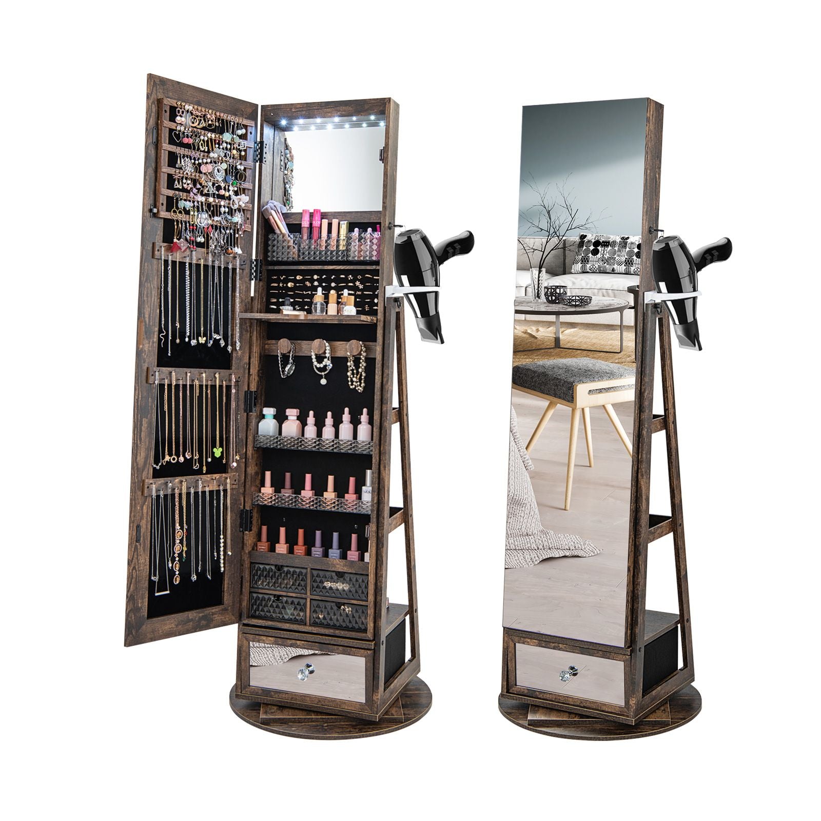 Lockable 360-Degree Rotating Jewelry Armoire with Full-Length Mirror