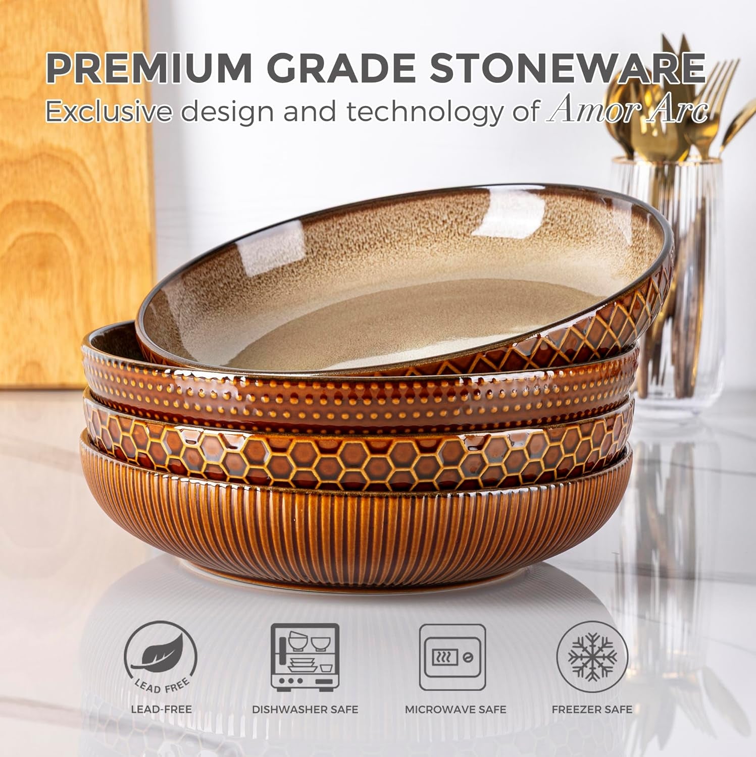 9.5'' Large Pasta Bowls, 42 Ounce Stoneware Salad Bowls for Kitchen, Ceramic Serving Bowls with Textured Pattern for Pasta,Fruit, Stews,Noodle, House-Warming Gift,Set of 4