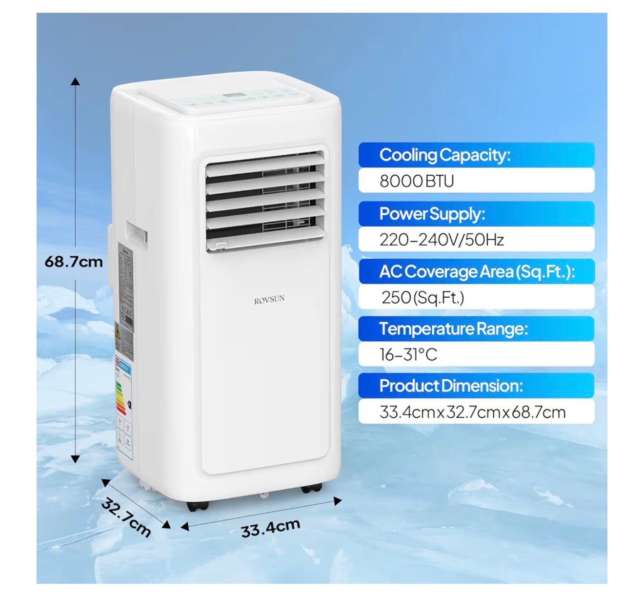 ROVSUN 8000BTU Portable Air Conditioner, 4-in-1 Air Conditioning Unit, Fan, Dehumidifier & Sleep Mode with 2 Speeds. LED Display and Remote Control, with Built-in 24H Timer, Window kit, for home