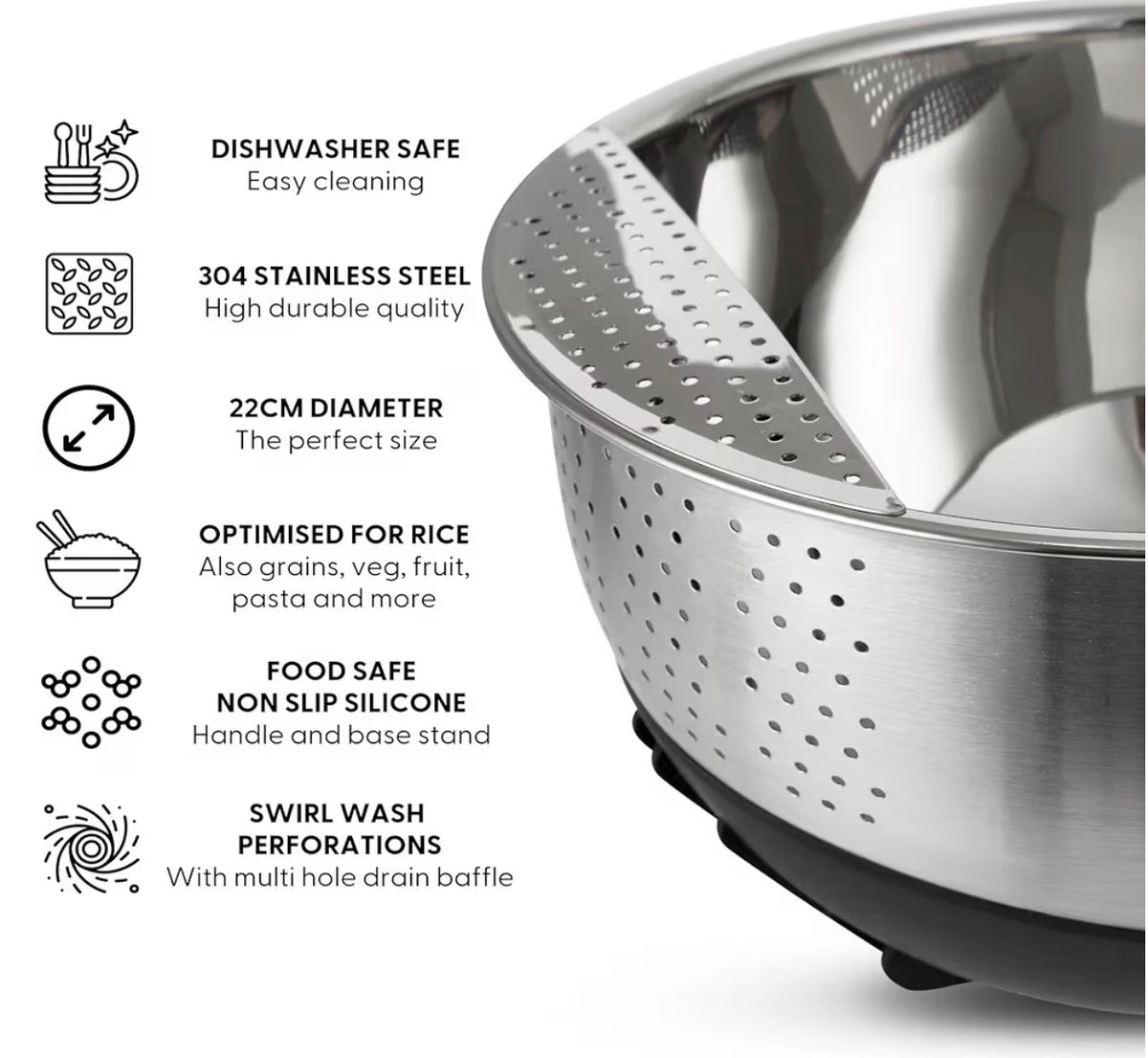 Yum Asia 304 Stainless Steel Rice Washing Bowl 22cm Silicone Base