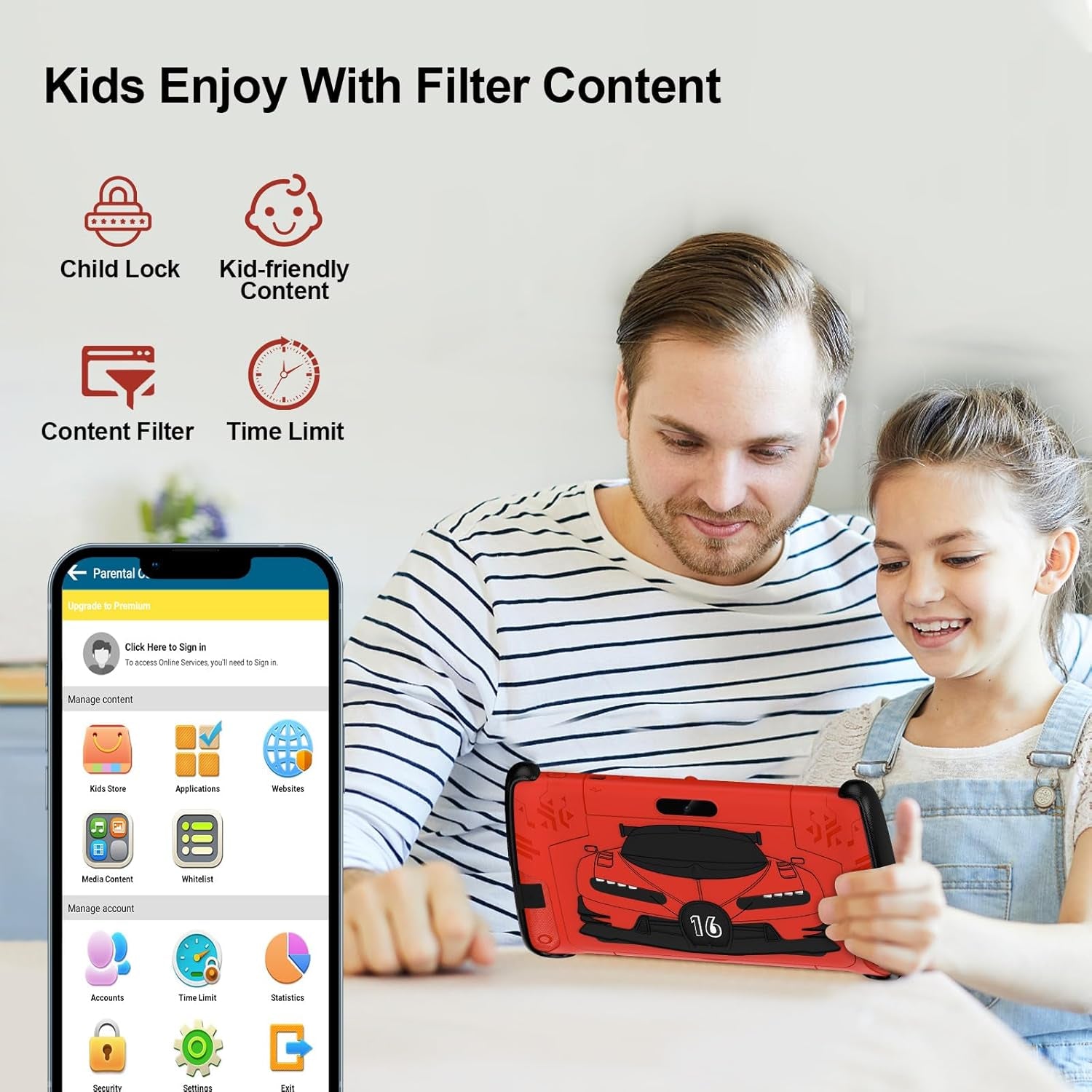 7 Inch Kids Tablets, Wifi Tablets for Kids, 8GB RAM, 32GB Rom,(Expandable 512GB), Toddler Tablet, Parental Control, Android 15, Sports Car Design, Toddler Tablet PC with Two Gamepad(Red).