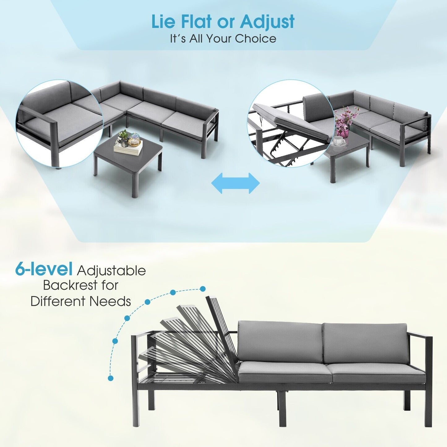 Aluminum Patio Sofa Set with Adjustable 6-Level Reclining Backrest - 3-Piece Ensemble