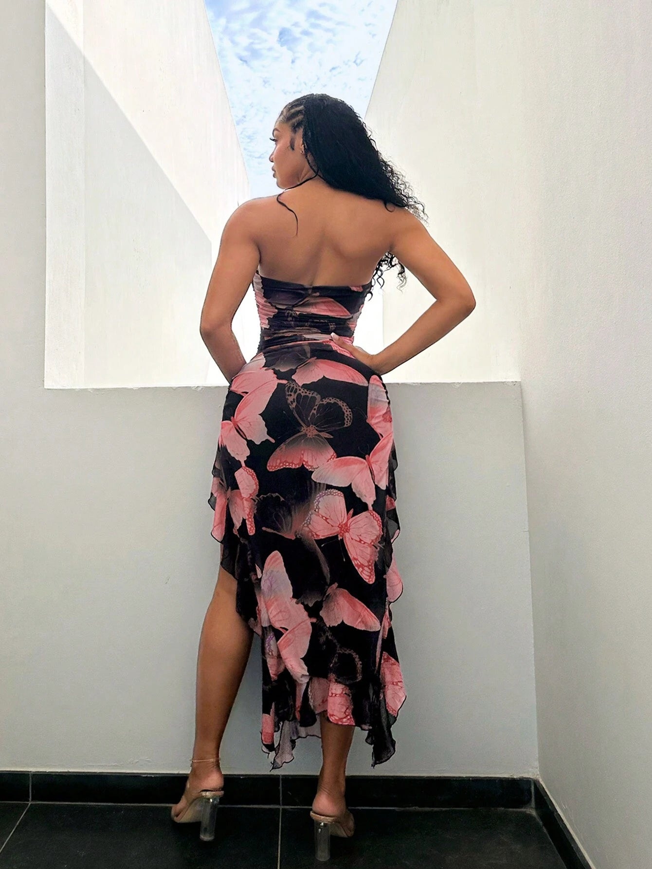SXY Summer Butterfly Print Flared High-Low Bandeau Bodycon Dress