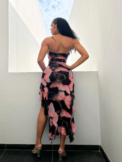 SXY Summer Butterfly Print Flared High-Low Bandeau Bodycon Dress