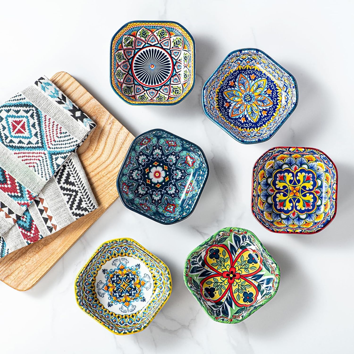 Square Snack Bowls Porcelain, 8Oz Dipping Bowls, Small Appetiser Plates for Sauce, Spices, Fruits, Snack & Dessert. Colourful, Pack of 6 - Bohemian Style