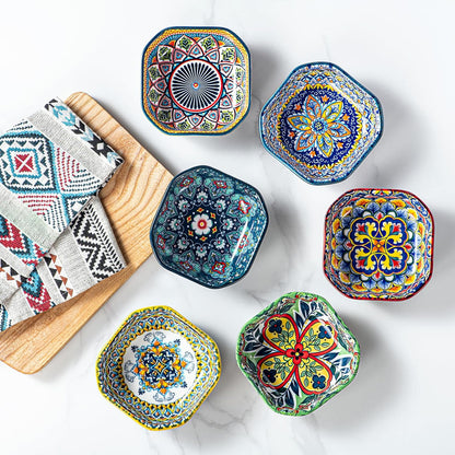 Square Snack Bowls Porcelain, 8Oz Dipping Bowls, Small Appetiser Plates for Sauce, Spices, Fruits, Snack & Dessert. Colourful, Pack of 6 - Bohemian Style